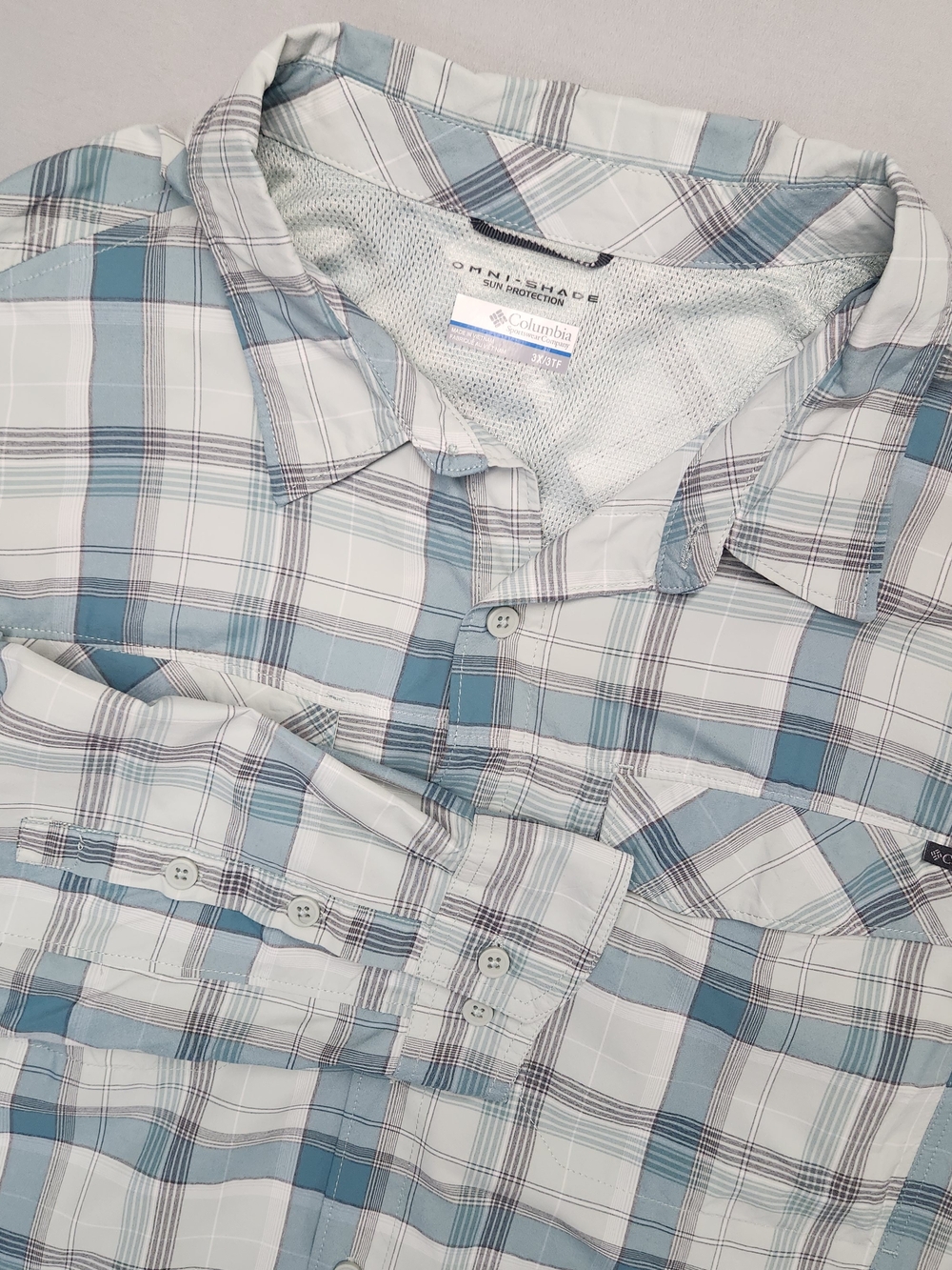 Columbia Omni-Shade 3XL Plaid Long Sleeve Fishing Shirt Men's Size Blue White